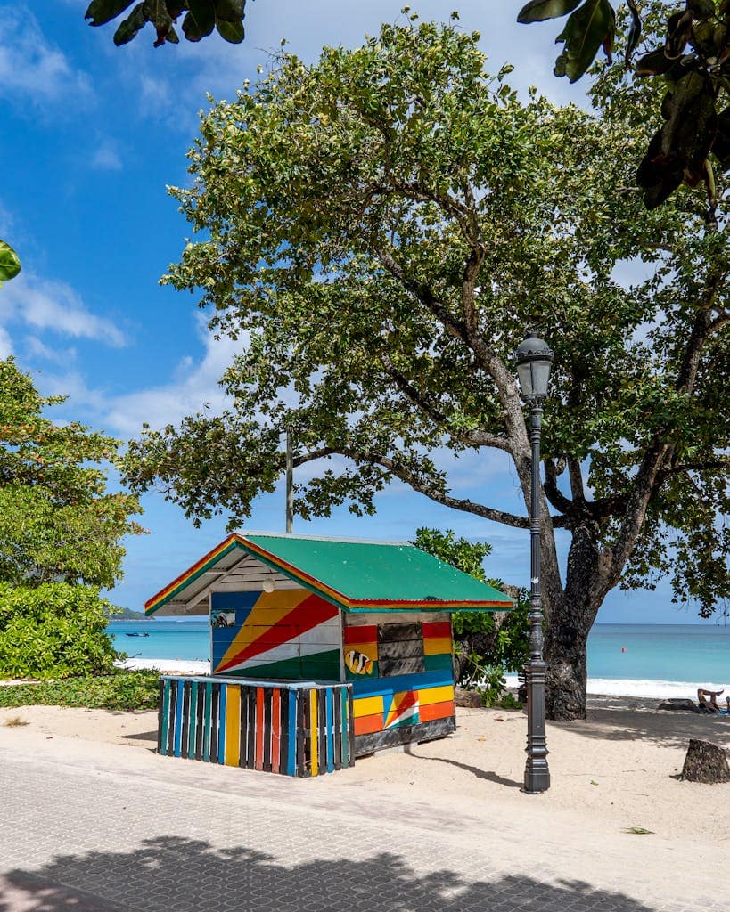 Vibrant beach hut by the sea, shaded by trees, perfect for summer vacations.