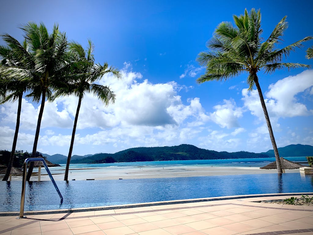 Stunning view of a tropical infinity pool overlooking the Whitsundays' pristine beaches.